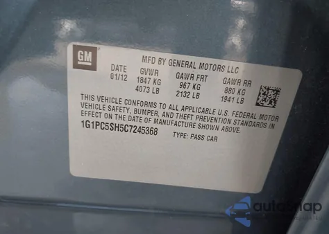 2012 Chevrolet Cruze Ls z USA, uszkodzony, nr VIN 1G1PC5SH5C7245368